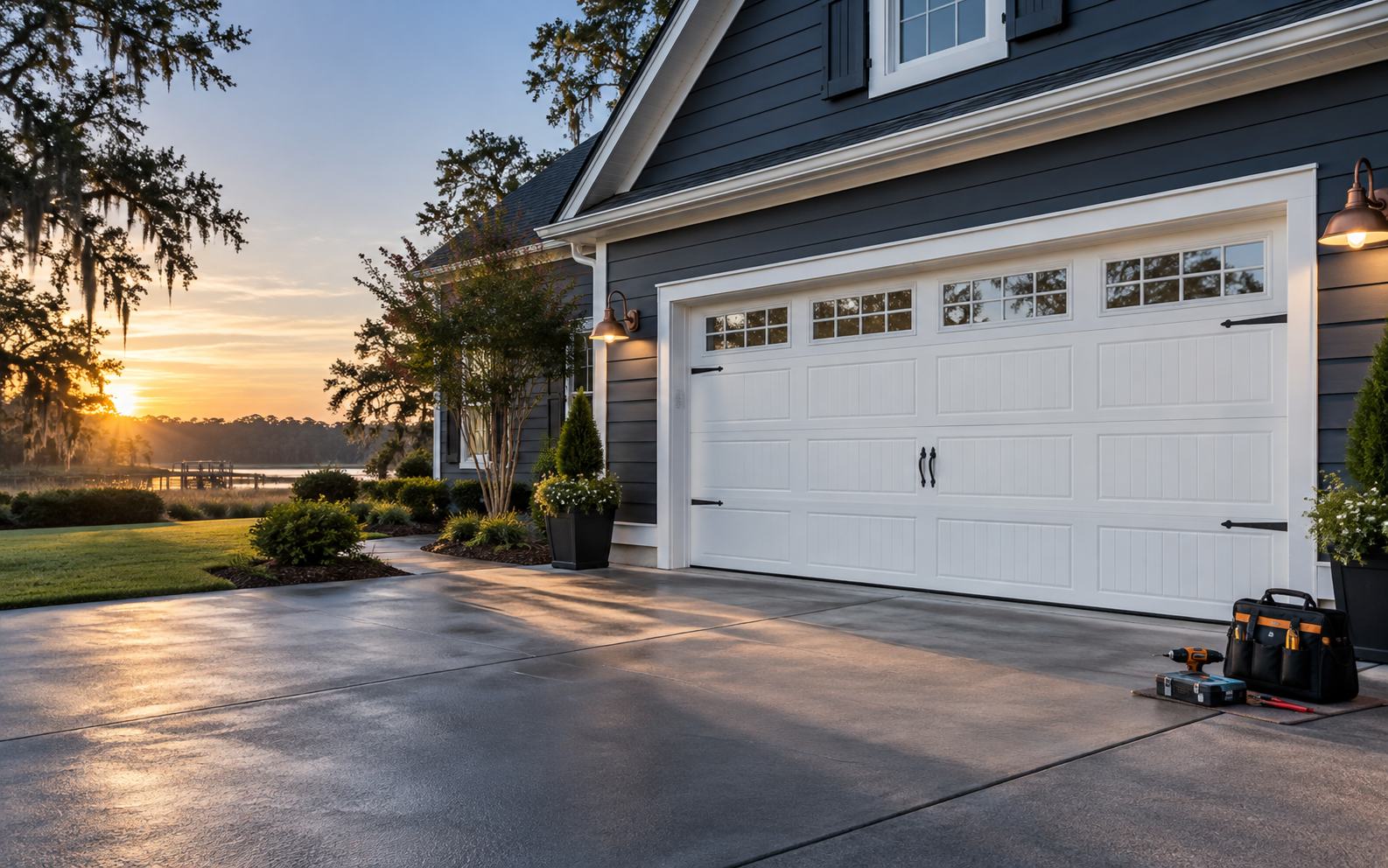 White residential garage door at a South Carolina home